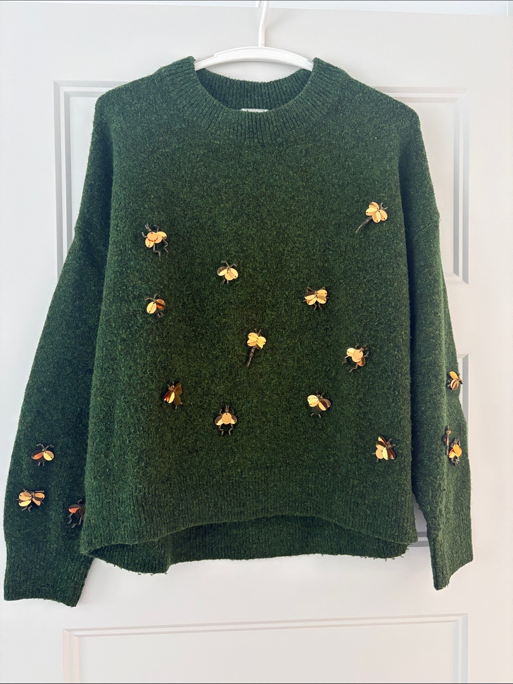 H&M Olive Green Crewneck Sweater with Yellow Floral Appliqués